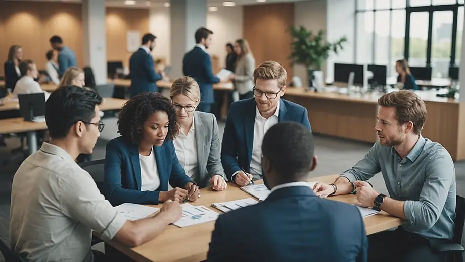A diverse group of people collaborating in a modern office setting, discussing strategies and solutions with a service provider.
