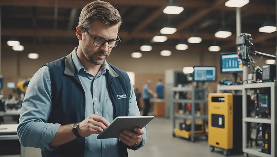 A solutions provider stands confidently on-site, analyzing data on a tablet while surrounded by equipment and tools, ready to implement effective strategies.