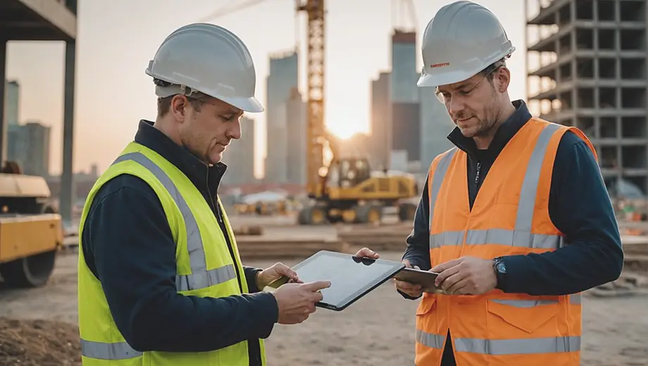 A customer discusses project details with a professional from a managed service provider at a construction site, both reviewing plans on a tablet.