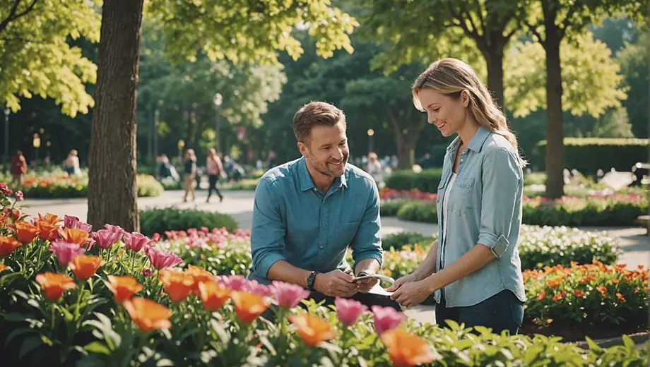 A customer and a professional discuss landscaping plans in a vibrant public park, surrounded by lush greenery and colorful flowers.