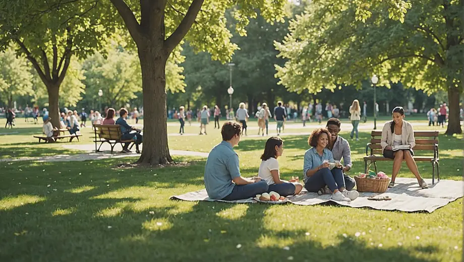 A diverse group of people enjoying a sunny day in a city park, with families picnicking on the grass, children playing on swings, and friends chatting on benches surrounded by trees and flowers.