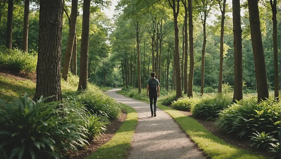 A person stands on a winding path in a nature park, surrounded by lush greenery and tall trees, enjoying the tranquility of the outdoors.