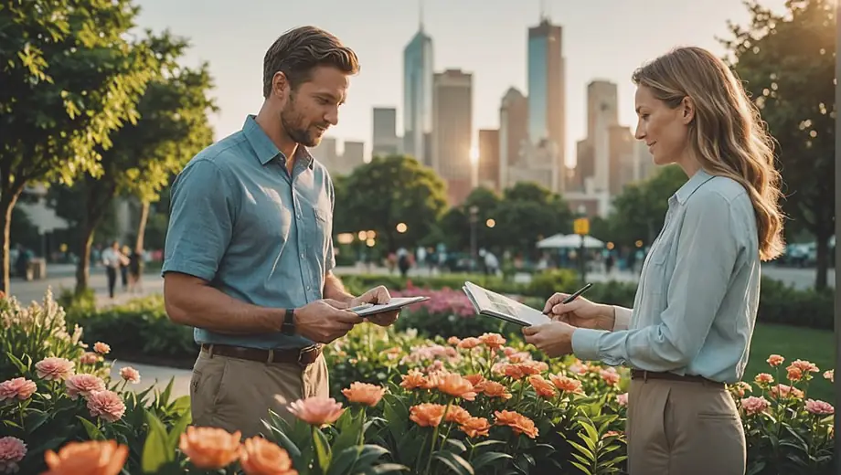 A customer and a professional discuss landscaping plans in an outdoor park, surrounded by lush greenery and colorful flowers.