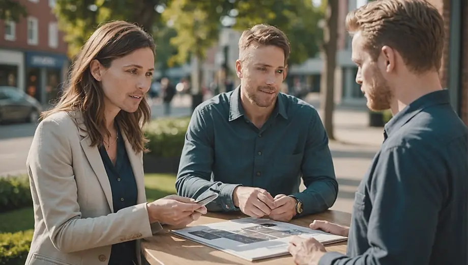 A customer and a professional engage in a discussion on site, with the professional explaining strategies related to Public Relations while reviewing promotional materials.