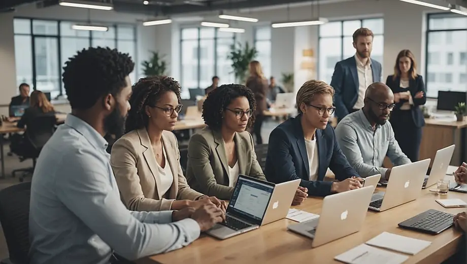 A diverse group of professionals in a modern office setting collaborating on a project for a PR firm, discussing strategies and analyzing data on laptops.