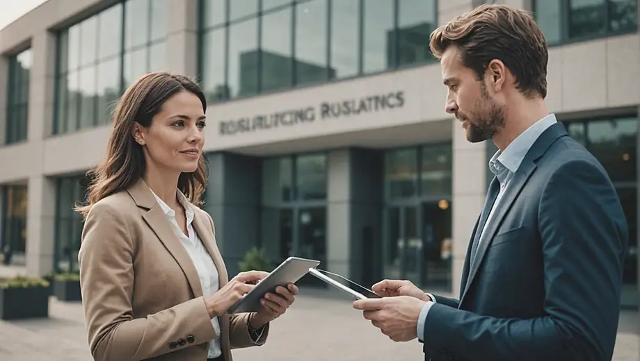 A professional individual stands confidently in front of a modern public relations agency building, holding a tablet and engaging in a conversation with a colleague.