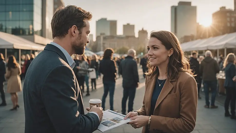 A customer and a professional engage in a discussion on-site, focusing on effective media relations strategies, with a backdrop of a bustling event.