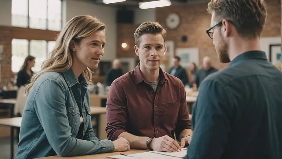 A customer engages with a professional on site, discussing strategies for effective public speaking while surrounded by a vibrant workshop environment.