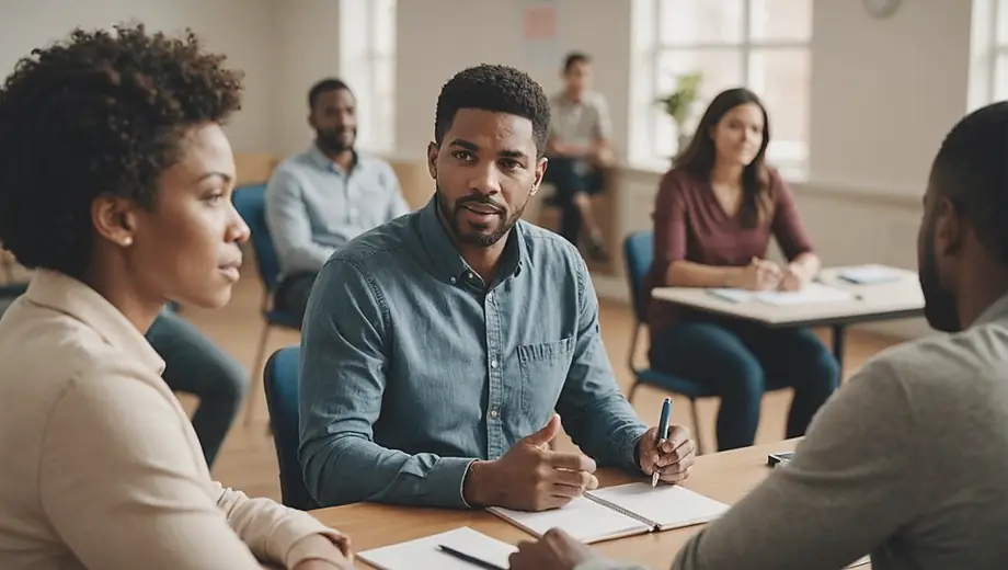A diverse group of individuals engaged in a speech coaching session, practicing public speaking techniques and receiving feedback from a coach in a bright, inviting classroom setting.