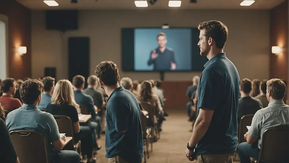 A confident individual stands in front of a small audience, demonstrating effective presentation skills with engaging body language and clear visuals on a screen behind them.
