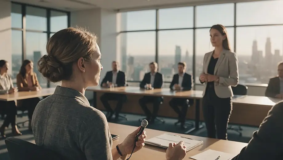 A customer engages with a professional during a public speaking training session, practicing presentation skills in a bright, modern conference room.