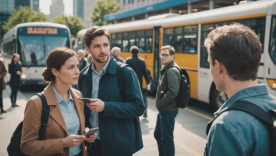 A customer and a professional discuss public transportation options at a busy transit station, surrounded by buses and commuters.