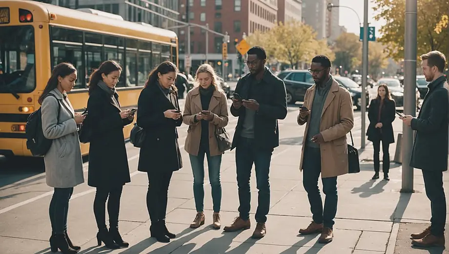 A diverse group of people waiting at a bus stop, engaged in conversation while checking their phones, with a city bus approaching in the background, highlighting the importance of public transit in urban life.