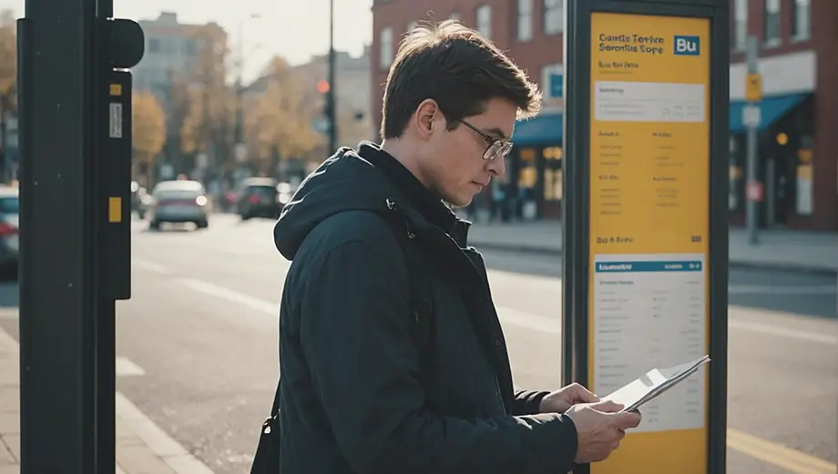 A person stands at a bus stop, checking the schedule for the local bus service while waiting for their ride.