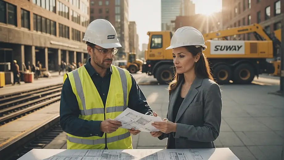 A customer and a professional discuss plans on-site near a subway system, with construction equipment and blueprints visible in the background.