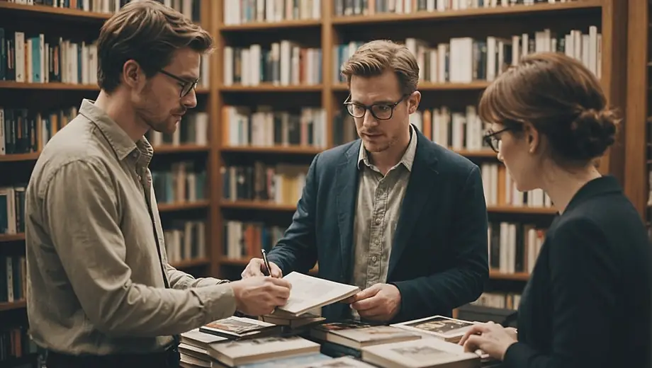 A customer and a professional discuss publishing options on-site, surrounded by books and digital materials, highlighting collaboration and creativity in the publishing process.