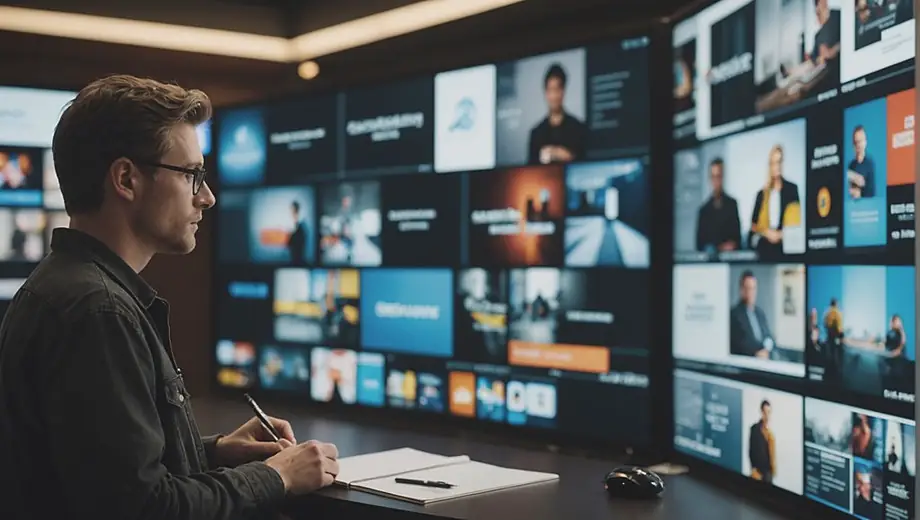 A person stands in front of a large screen displaying various media publishing graphics, engaged in a discussion while taking notes.