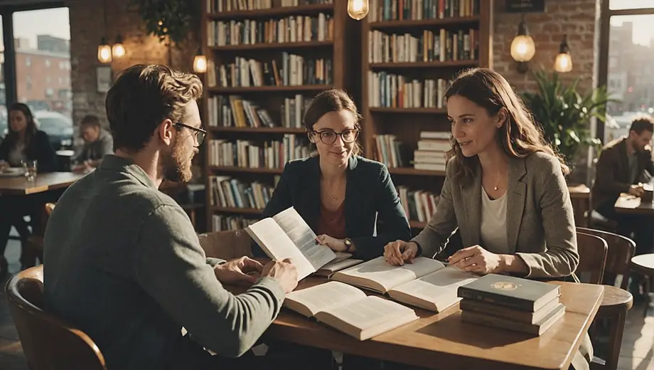 A customer and a professional discuss book publishing strategies at a cozy café, surrounded by stacks of books and a laptop open to a publishing platform.