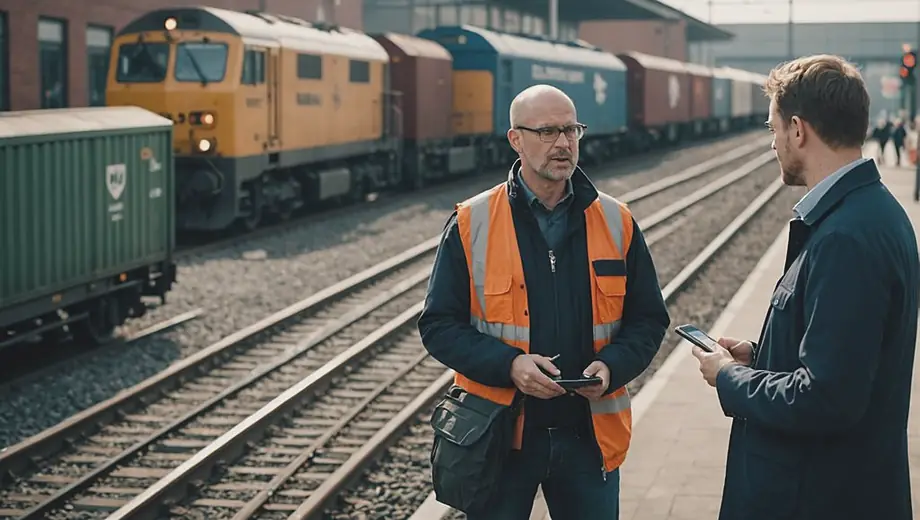 A customer and a professional discuss rail transport logistics at a busy train station, surrounded by freight cars and loading equipment.