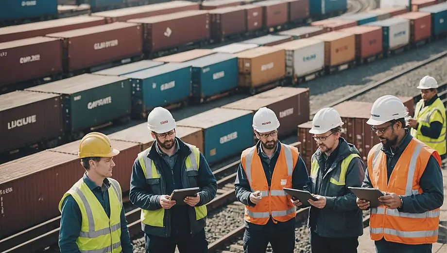 A diverse group of workers coordinating logistics in a busy rail freight yard, with cargo trains and containers in the background.