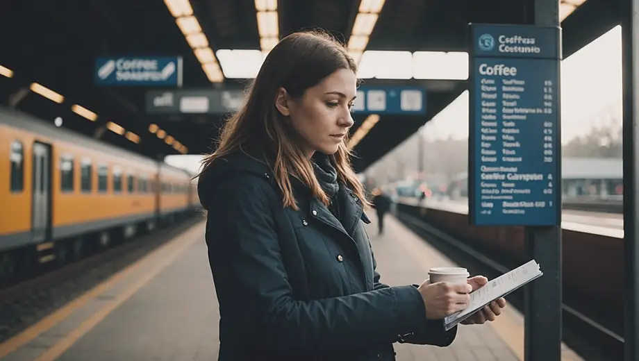 A person stands at a train station, checking the schedule for the next train service while holding a coffee cup.