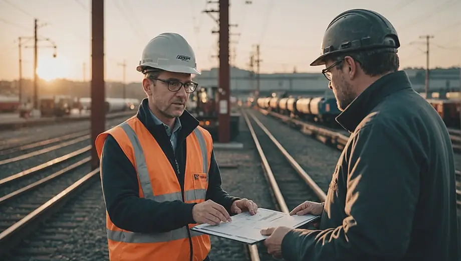 A customer discusses project details with a professional on site at a railroad company, surrounded by trains and equipment.