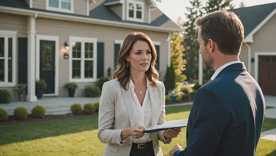 A customer and a real estate professional engage in a discussion on-site at a property, with the customer examining the features of the home while the professional provides insights and guidance.