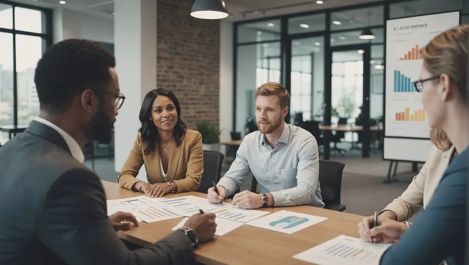 A diverse group of people discussing property listings in a modern office, showcasing teamwork at a real estate agency.