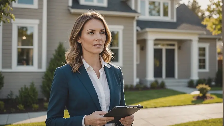 A professional woman stands confidently in front of a modern building, representing a real estate company, with a tablet in hand and a welcoming smile.