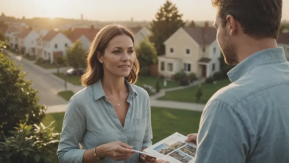 A customer and a professional from a real estate brokerage discuss property options on-site, with a beautiful house in the background.