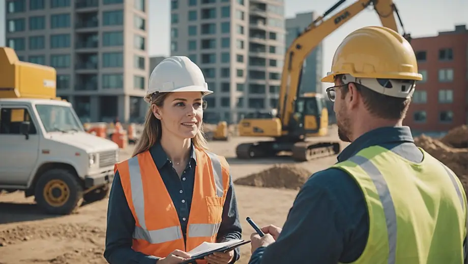 A customer and a professional discuss strategies for investing in a Real Estate Investment Trust at a property site, with buildings and construction equipment in the background.
