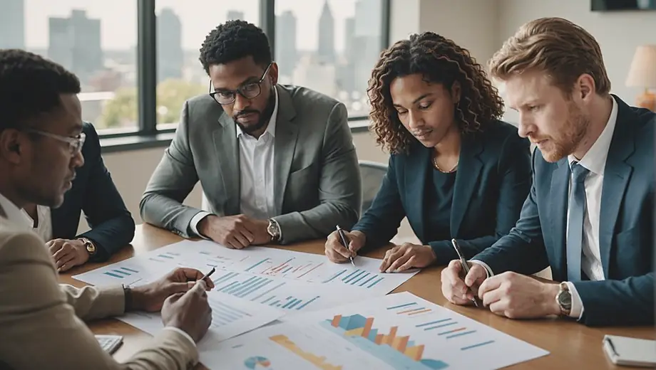 A diverse group of professionals gathered around a conference table, discussing real estate investment trusts (REITs) while analyzing charts and financial reports.