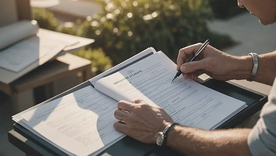A person examining property documents on-site, focused on real estate investment opportunities.