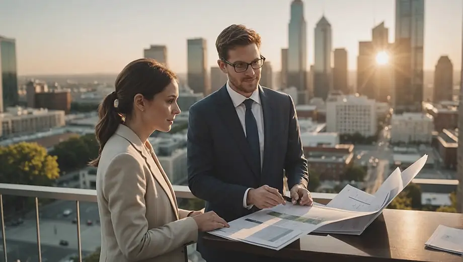A customer and a professional discuss investment opportunities on-site at a property fund location, examining plans and property features together.