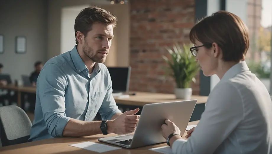 A customer and a professional engage in a discussion on site, focusing on recruitment strategies, with documents and a laptop visible in the background.