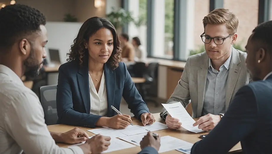A diverse group of professionals engaged in a discussion at a recruitment firm, reviewing resumes and collaborating on hiring strategies.
