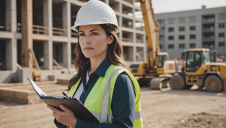 A professional woman stands confidently at a bustling construction site, holding a clipboard and wearing a hard hat, representing a staffing agency that connects skilled workers with job opportunities.