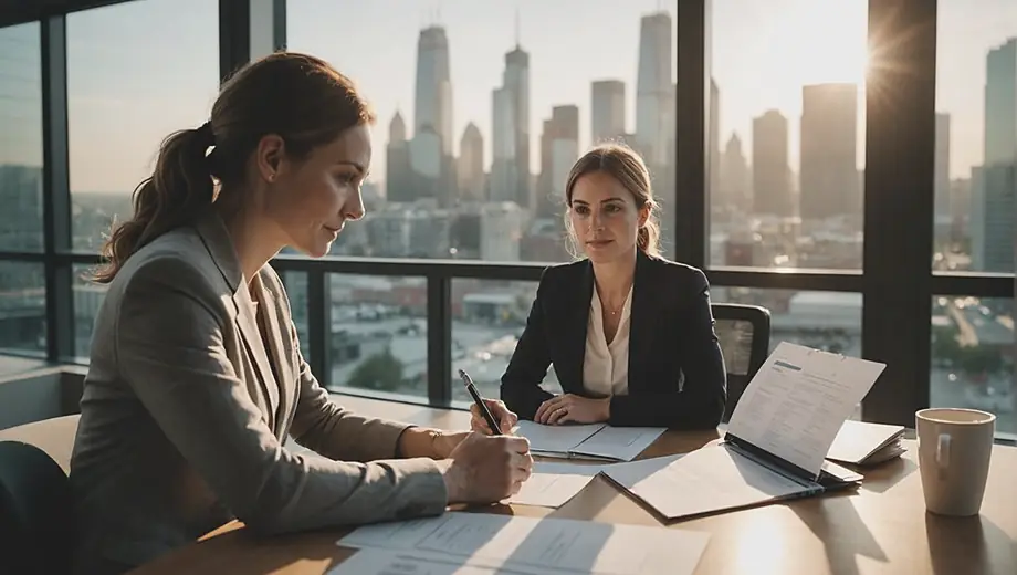 A customer and a professional discuss employment services at a well-lit office, with documents and a laptop open on the table between them.