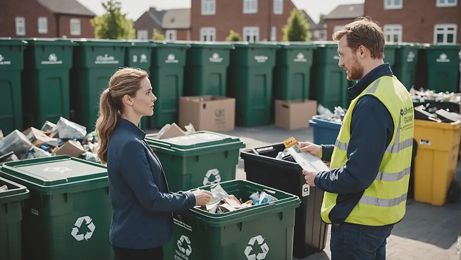 A customer and a professional discuss recycling practices on-site, surrounded by bins labeled for different materials, emphasizing the importance of sustainable waste management.