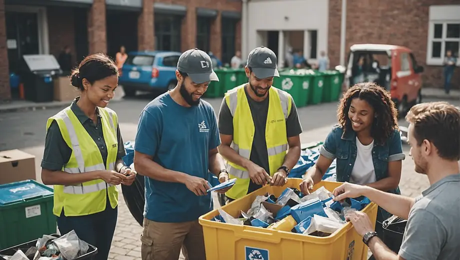 A diverse group of people sorting materials at a recycling service, actively engaging in sustainable practices to promote environmental awareness.