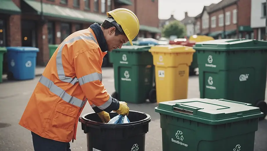 A waste management worker in safety gear inspects a recycling bin at a busy urban site, ensuring proper disposal practices are followed.