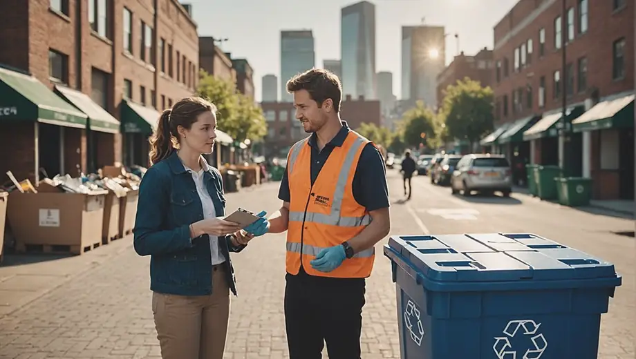 A customer discusses recycling collection options with a professional on-site, surrounded by bins filled with recyclable materials.