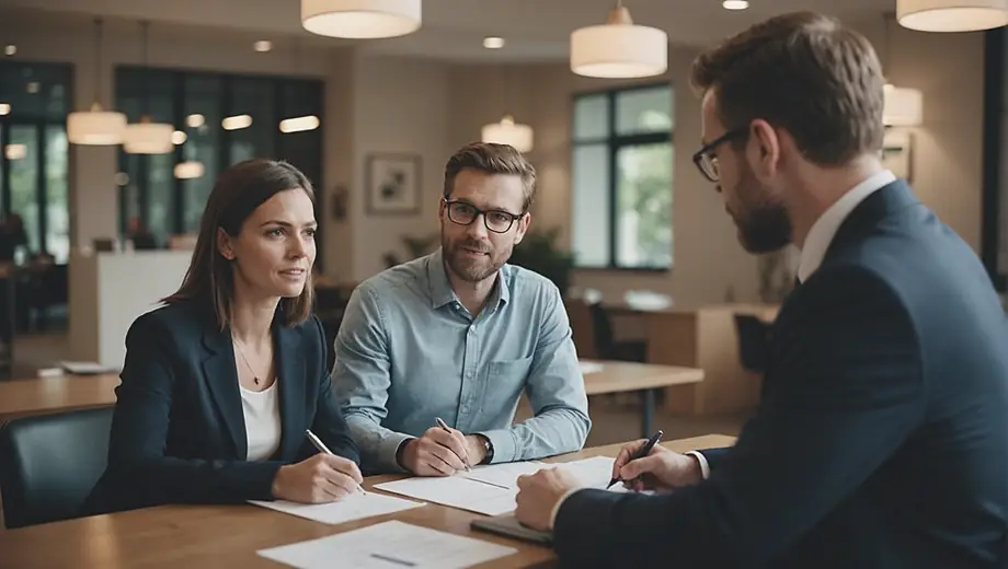 A customer and a professional discuss refinancing options on-site, with paperwork and a laptop visible between them, highlighting a collaborative atmosphere.