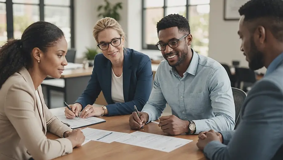 A diverse group of individuals discussing loan refinancing options at a financial consultation office, with documents and a laptop on the table.