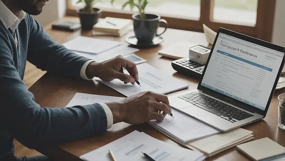 A person sitting at a desk with a laptop, reviewing documents related to mortgage refinance, surrounded by notes and a calculator.