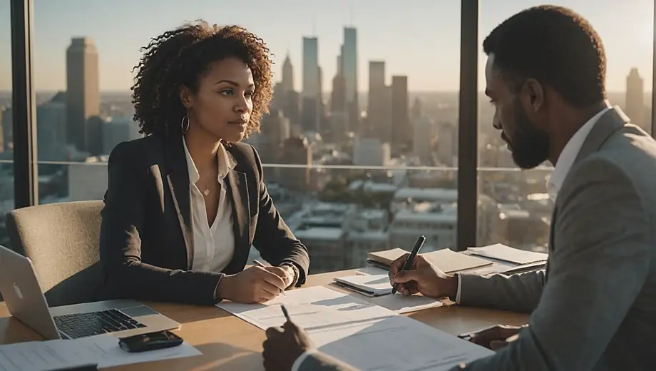 A customer discussing options with a professional refinance provider at a desk, surrounded by paperwork and a laptop, showcasing a collaborative atmosphere.