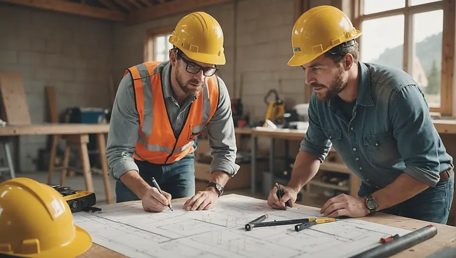 A customer discusses remodeling plans with a professional on site, examining blueprints and materials while surrounded by construction tools and equipment.