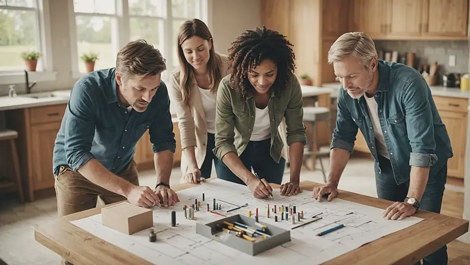 A diverse group of people collaborating on a home remodeling project, discussing plans and examining materials in a bright, open living space.