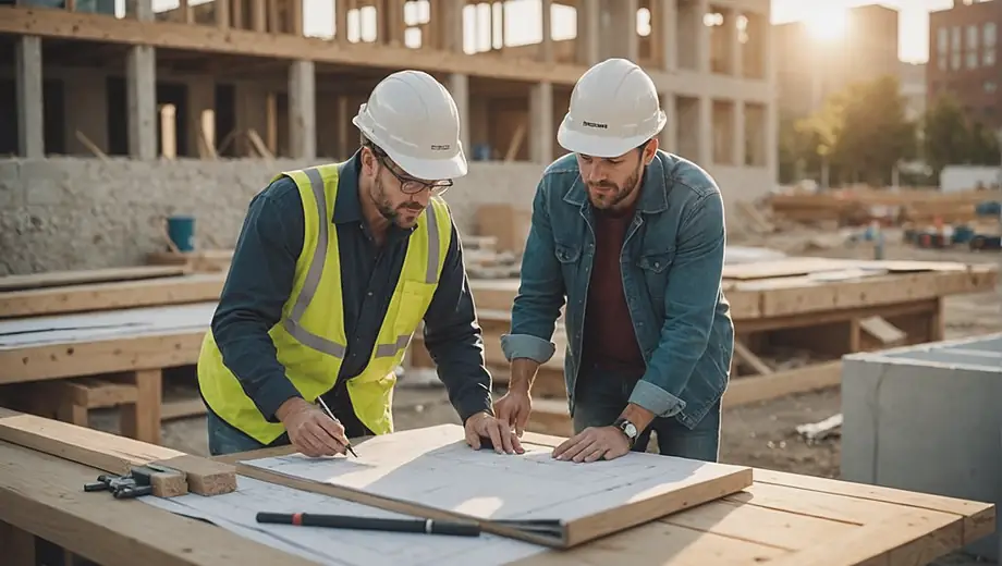 A customer discussing design ideas with a professional on site during a construction remodeling project, surrounded by tools and building materials.