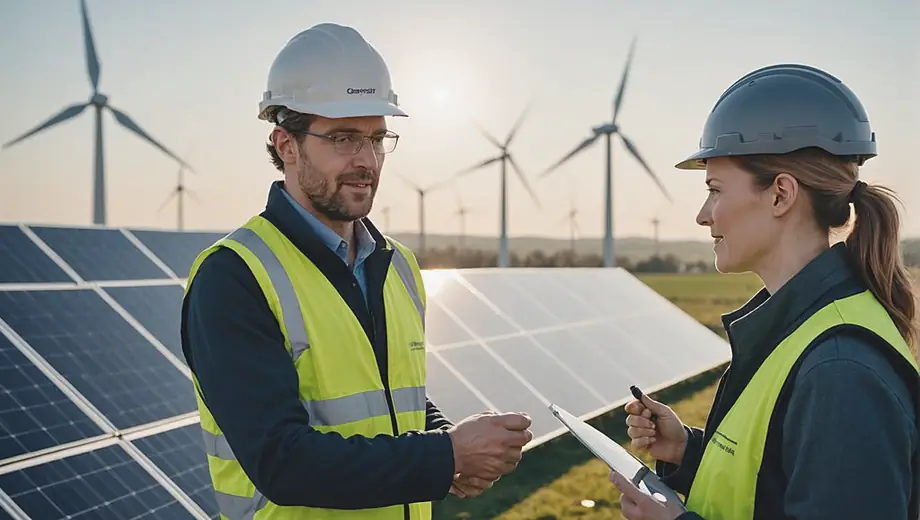 A customer and a professional discuss renewable energy solutions on-site, surrounded by solar panels and wind turbines, highlighting a collaborative approach to sustainable energy.